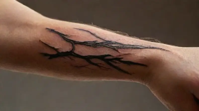 Close-up of detailed, realistic arm tattoo