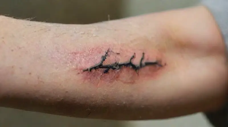 Close-up of healing tattooed forearm