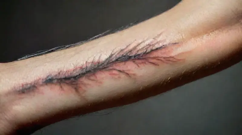 Close-up of tattooed, patchy human arm
