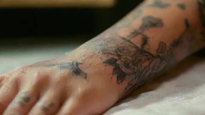 Close-up of detailed tattoo being inked