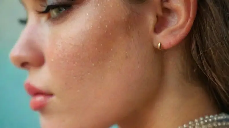Womans ear with layered, shiny earrings