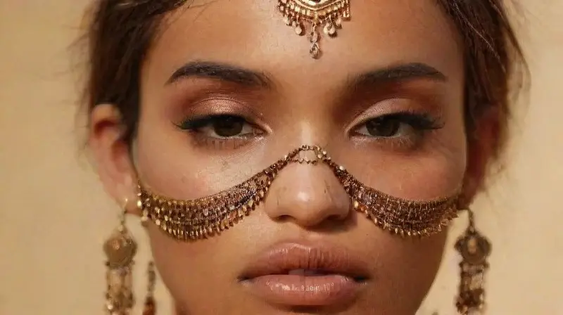 Detailed cultural jewelry and piercings displayed beautifully