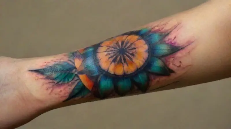 Colorful, detailed mandala tattoo on forearm