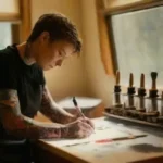 Experienced tattoo artist mentors apprentice diligently