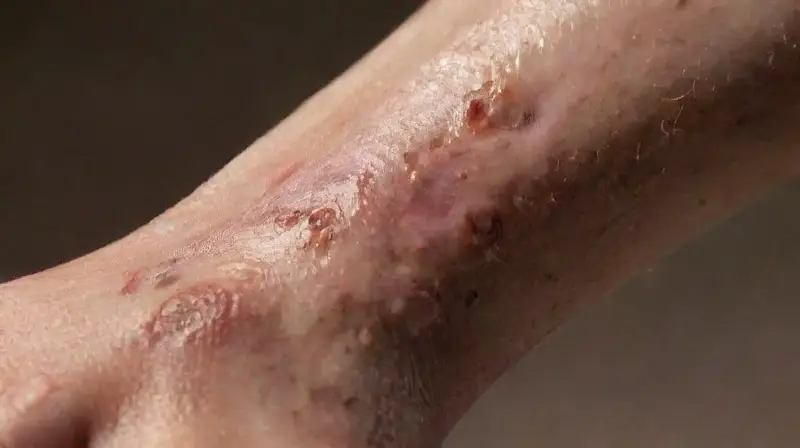 Severely infected, inflamed, blistered skin