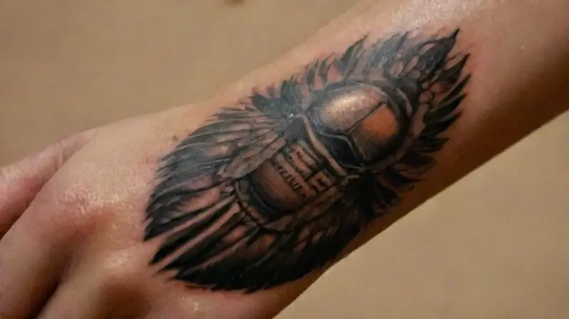 Close-up of detailed Egyptian tattooed forearm