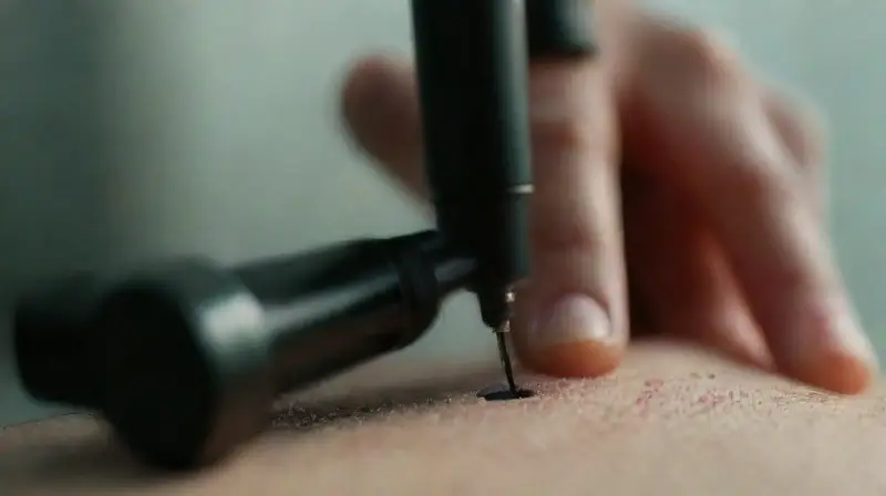 Tattoo artist shaping precise ink on skin