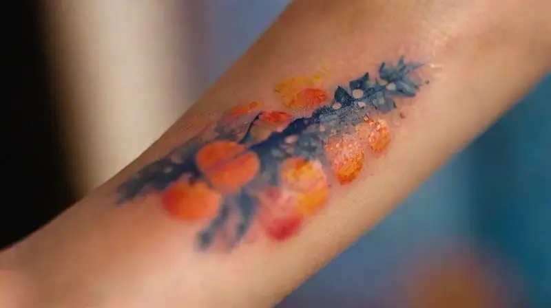 Close-up of colorful tattoo in festival setting