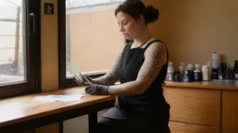 Tattoo artist working in a busy parlor