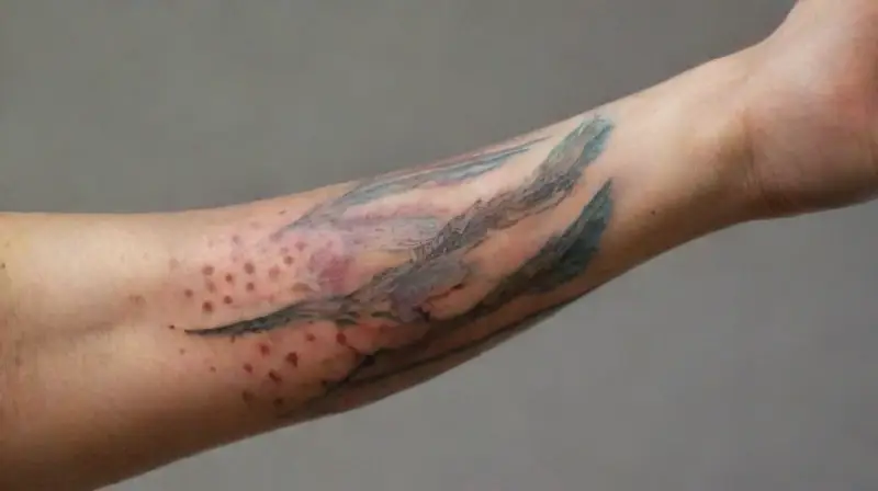 Close-up of detailed, realistic forearm tattoo