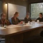 Artists collaborate thoughtfully in a vibrant meeting