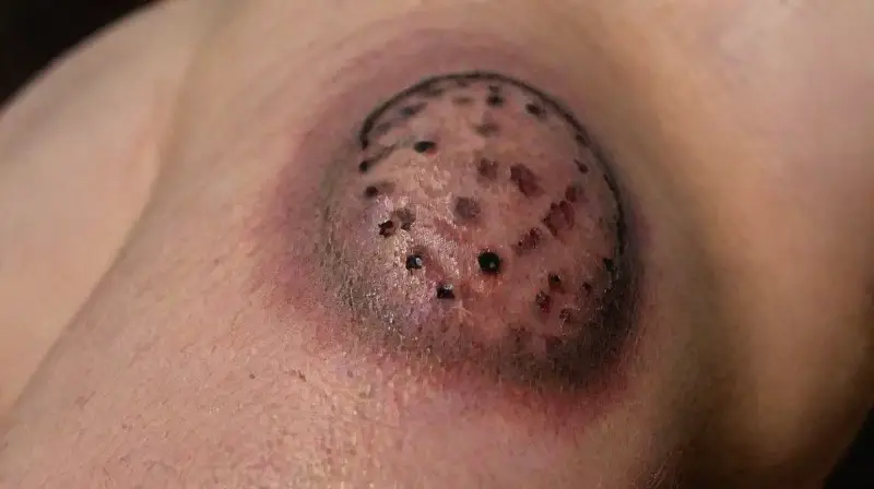 Close-up of tattooed pierced arm