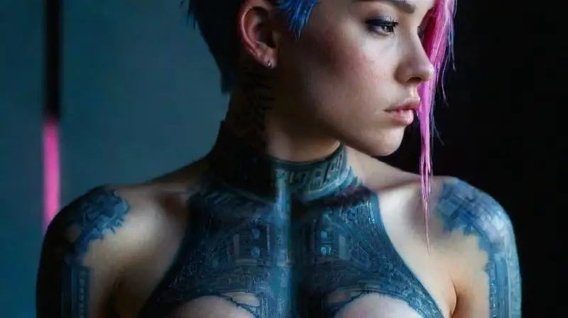 Futuristic cyborg with intricate cybernetic tattoos