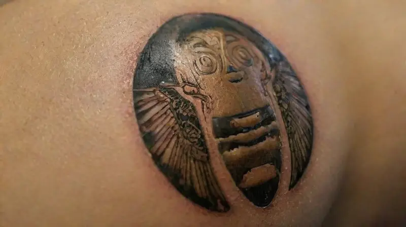 Close-up of detailed Egyptian tattoo artwork