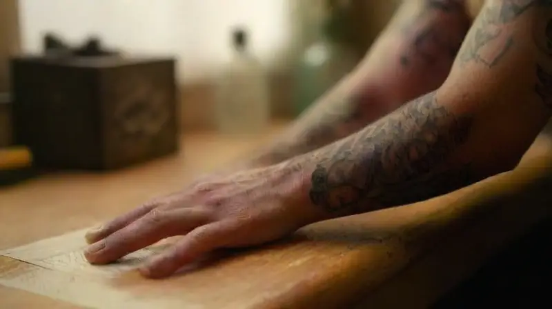 A detailed, softly lit tattoo shop scene