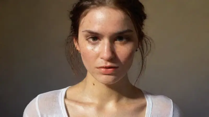 Young person with fair, detailed skin features